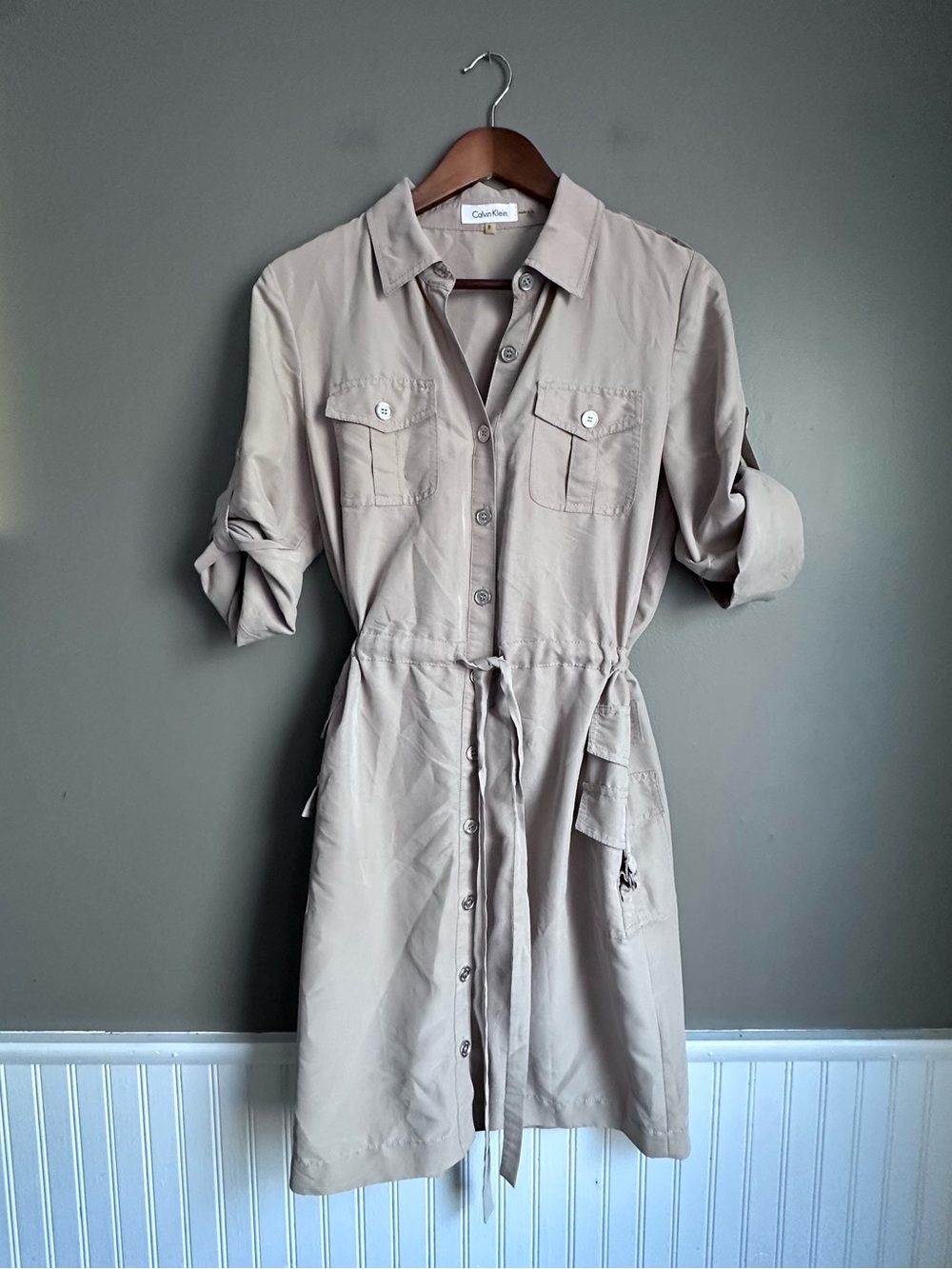 Calvin Klein Tan Beige Button Down Shirt Dress Size 8 Collared Tie Waist Pockets